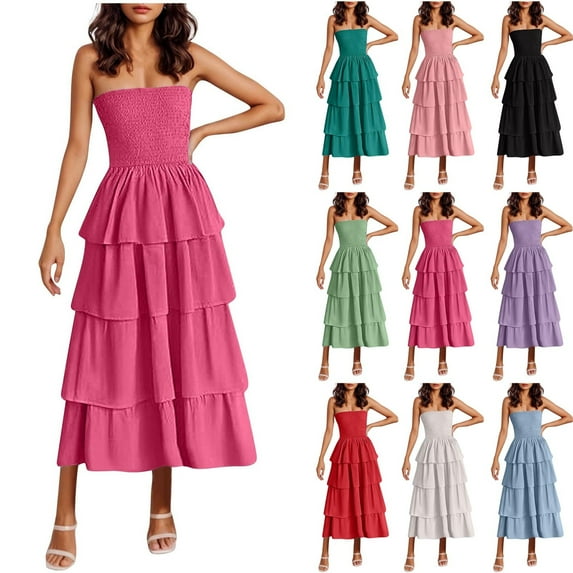 TAGOLD Womens Camis Sleeveless Dress Solid Color Ruffle Layered Tube Top Long Off Shoulder