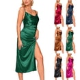 thumbnail image 1 of TAGOLD Womens Camis Sleeveless Dress Solid Color Satin Thin Strap Draped Neck Slit Slim Midi Summer Party Dress, 1 of 5