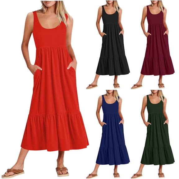 TAGOLD Womens Camis Sleeveless Dress Solid Color V Neck Ruffled Hem Long Dress With Pockets