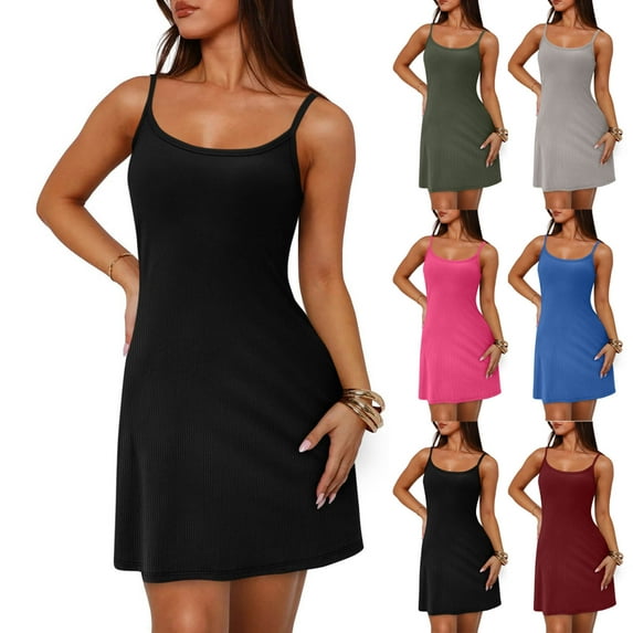 TAGOLD Womens Camis Sleeveless Round-Neck Dress Solid Color Strap Loose Summer Casual Wear