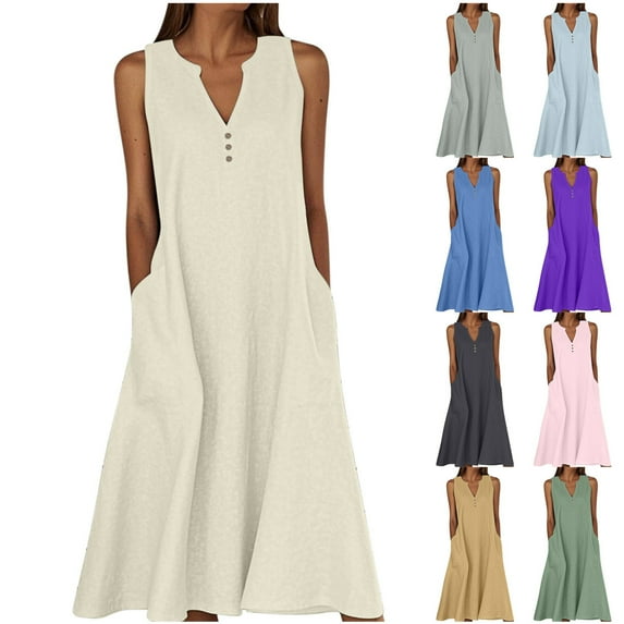 TAGOLD Womens Camis Sleeveless V-Neck Dress Solid Color Summer Loose Casual Daily Outfit