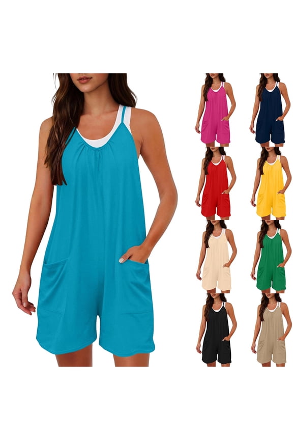 Womens Capris Jumpsuit Solid Color Ruched Front Adjustable Strap Wide Leg Long Romper