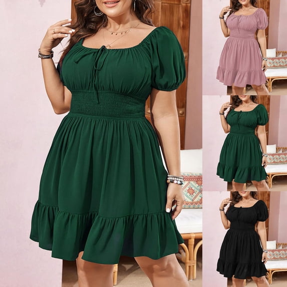 TAGOLD Womens Casual Summer Dresses Plus Size Solid Color Ruffle Short Sleeve Neck