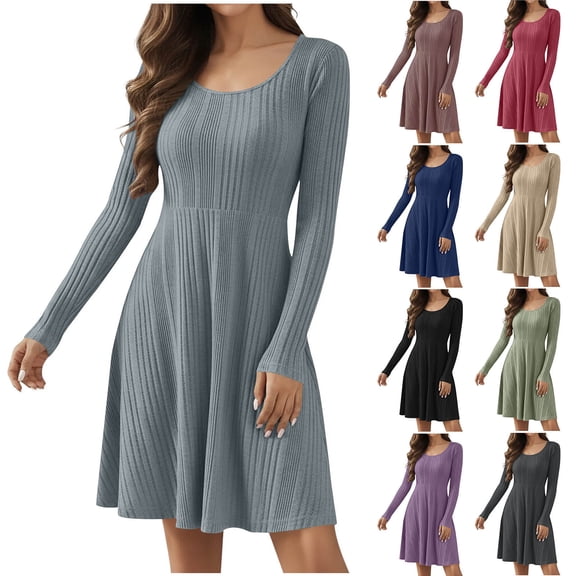 TAGOLD Womens Casual Summer Dresses Solid Color Crew Neck Long Sleeve Lightweight Loose