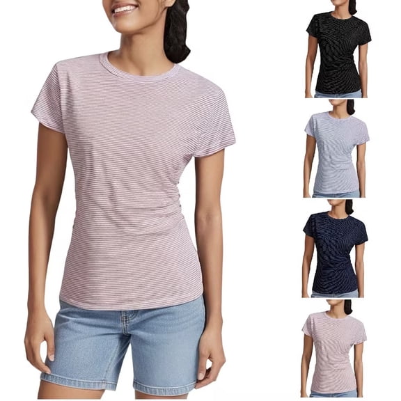 TAGOLD Womens Casual Summer Short Sleeve Tops Crew Neck Drawstring Waist Slim Fitted Solid Tee