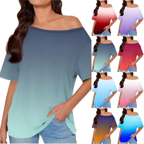 TAGOLD Womens Casual Summer Short Sleeve Tops Print Collar Shoulder Cut Loose Home Wear Top