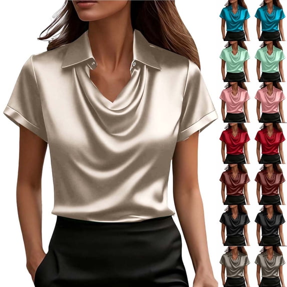 TAGOLD Womens Casual Summer Short Sleeve Tops Solid Color Collared Cowl Neck Buttoned Blouse