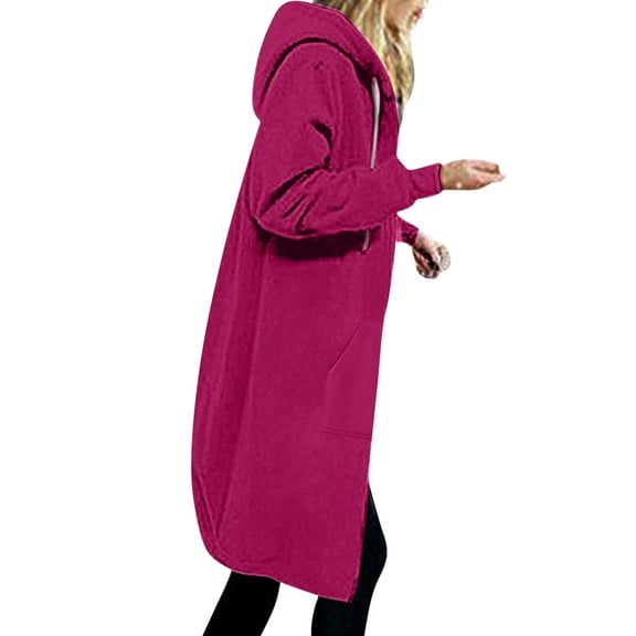 TAGOLD Womens Coats,Women's Solid Color Jacket Thickening And Fleece And Winter Casual Zipper Long Sleeve Pocket Hooded Long Sweater