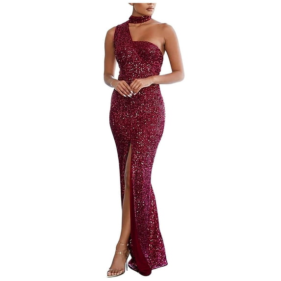 TAGOLD Womens Evening Dress,Summer Dress for Womens,Women Fashion Versatile Hanging Neck Single Shoulder Sleeveless High Slit Sequin Gold Velvet Formal Dress