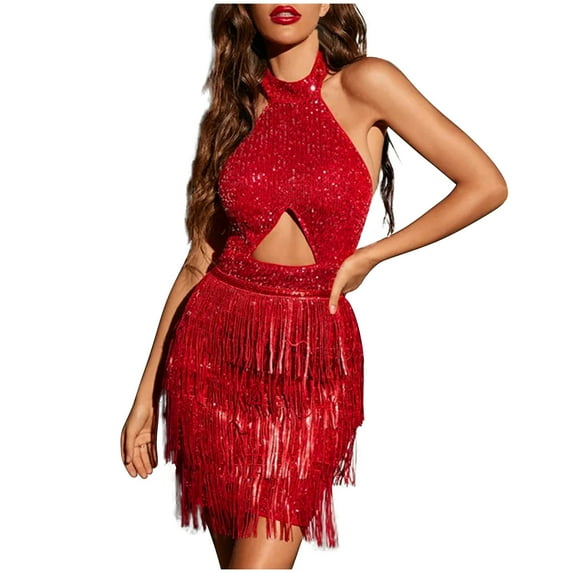 TAGOLD Womens Evening Dress,Summer Dress for Womens,Fashion Women Casual Round-Neck Solid Slim Sequin Dress Long Sleeved Dress