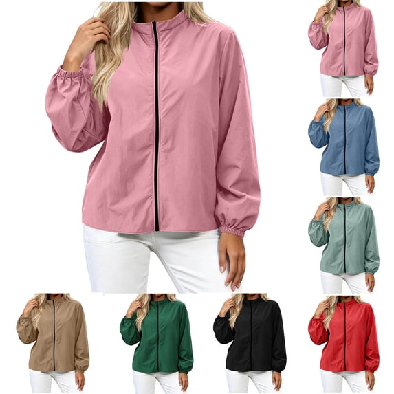 TAGOLD Womens Fall Hoodless Casual Outwear & Jackets Solid Color Zip Up Elastic Cuff Long Sleeve Casual Outer Top With Side Pockets Loose Cover Up For Daily Street Wear
