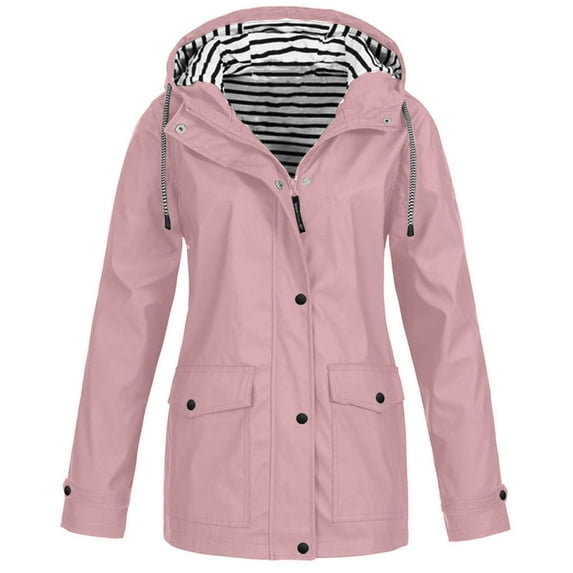 TAGOLD Womens Fall Winter Coat Jacket, Women Casaul Solid Jackets Outdoor Plus Size Drawstring Zipper Hooded Raincoat Windproof Tops Coat With Pocket