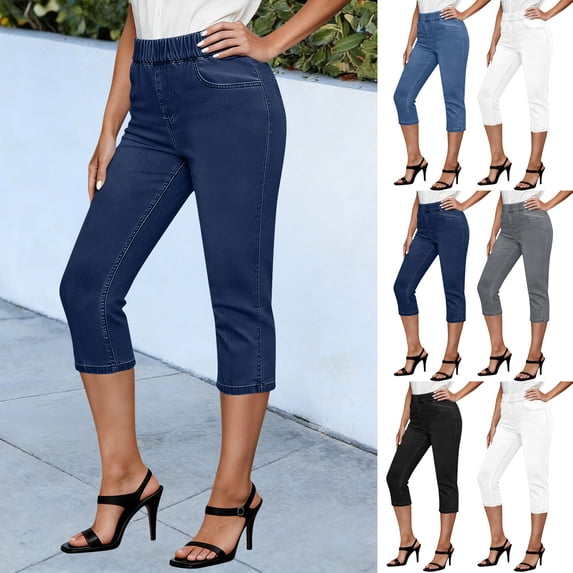 TAGOLD Womens Full Length Pants Jeans Solid Color Denim Pants With Pockets 3/4 Length Casual Style