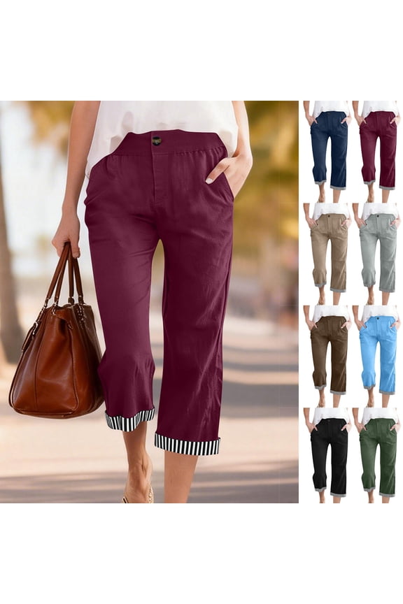 Womens Full Length Pants Striped Linen Patchwork 3/4 Length Pants With Adjustable Buckle Summer