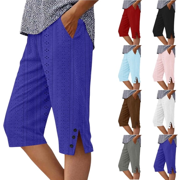 TAGOLD Womens Half Shorts Pants Solid Color Breathable Button Summer Casual Knee Length Shorts