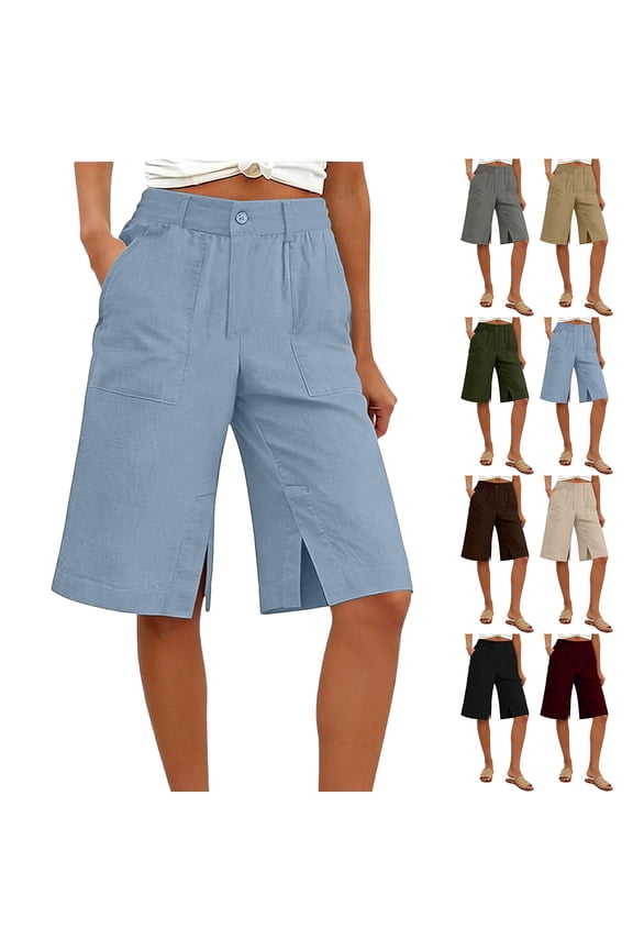 Womens Half Shorts Pants Solid Color Linen Slit Hem Casual Knee Length Shorts