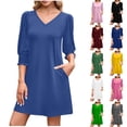 thumbnail image 1 of TAGOLD Womens Long Sleeve V Neck Dress Solid Color 3/4 Sleeve V Neck Casual Dress, 1 of 5