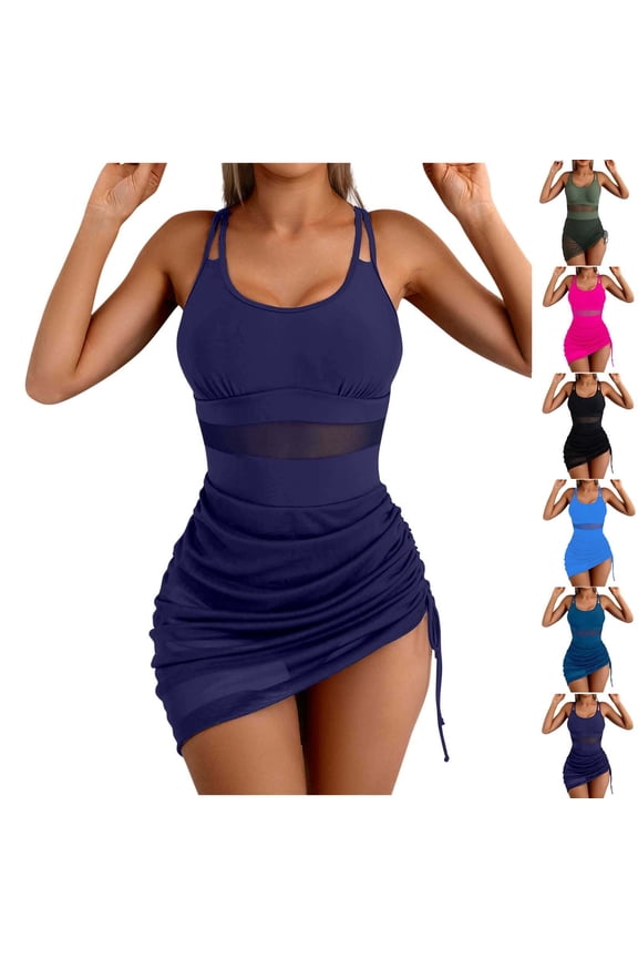 Womens OnePiece Bikini Set Solid Color Crew Neck Modest Skirt Style Sleeveless Monokini For Swimsuit