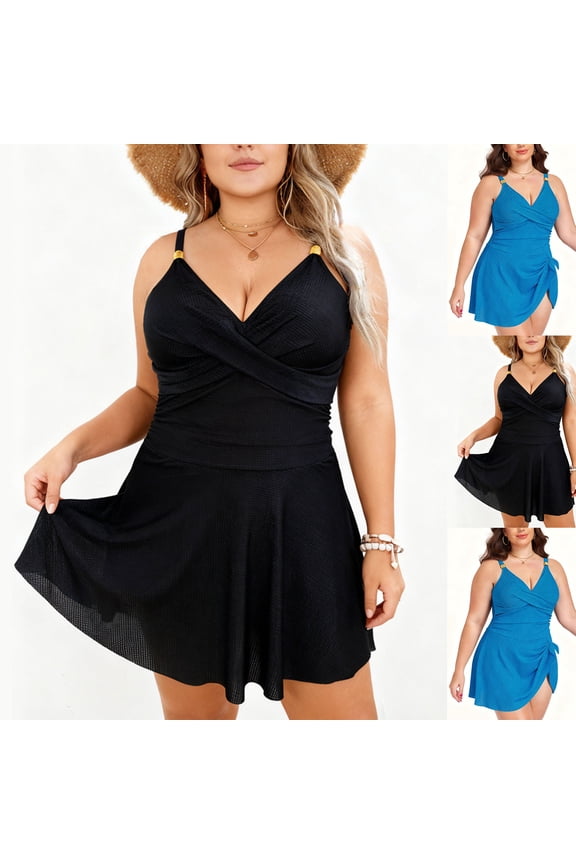 Womens OnePiece Bikini Set Solid Color Loose Drawstring No Underwire Swimsuit Soft Chest Pad Set