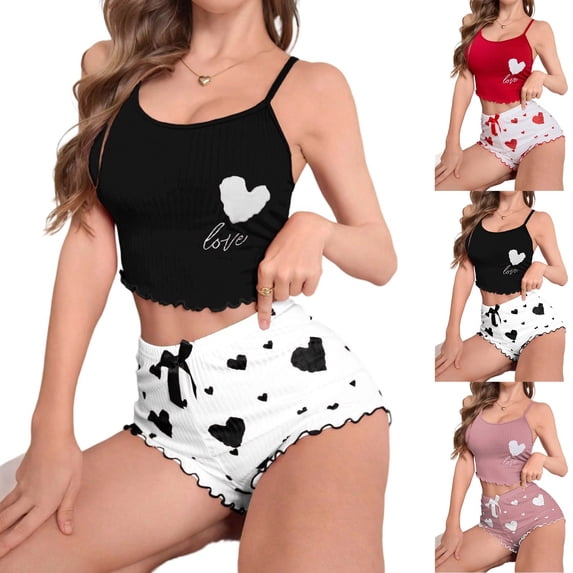 TAGOLD Womens Pajama Set Summer Rib Heart Print Camisole Top Short Pants Soft Thin Loose Home Loungewear