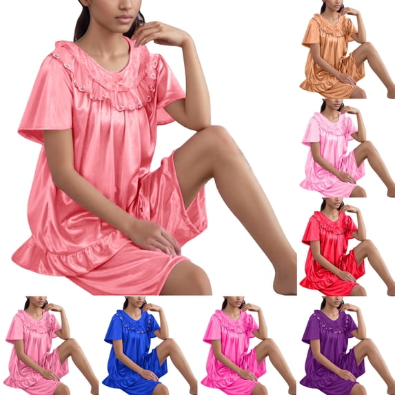 TAGOLD Womens Pajama Set Summer Solid Color Ice Silk Nightdress Soft Comfortable Home Wear Breathable Friendly