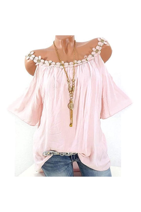 Womens Plus Size Summer Tops,Womens Plus Size Tops,Plus Size Women Applique Collar Round Neck Flower Solid Tops Strapless Cold Shoulder T-Shirt Blouse Pink XXXXL