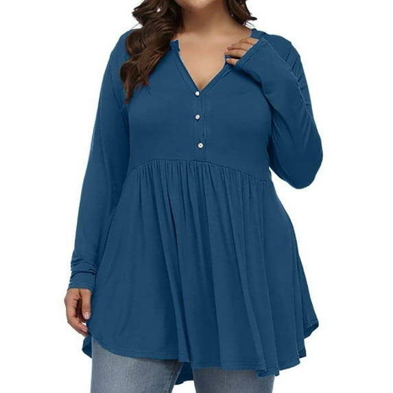 TAGOLD Womens Plus Size Summer Tops,Womens Plus Size Tops,Women's V-neck Button Fold Women's Solid Long Sleeve Large Top Top Navy XXL
