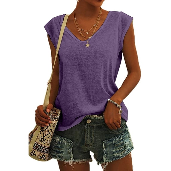 TAGOLD Womens Plus Size Summer Tops,Womens Plus Size Tops,Womens Solid Color Cap Sleeve Blouses T-Shirt Casual Loose Fit Basic Shirts Tank Tops Purple XXXXL