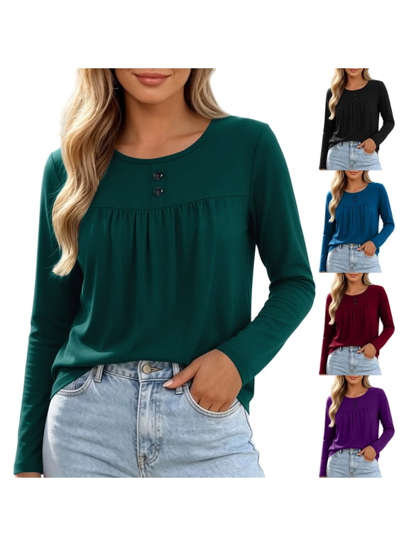 Womens Round-Neck Blouses & Shirts Solid Color Crew Neck Button Long Sleeve Thin Inner Base Top
