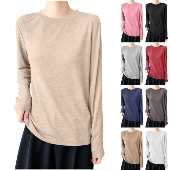 TAGOLD Womens Round-Neck Blouses & Shirts Solid Color Crew Neck Long Sleeve Thin Breathable Sunscreen Top