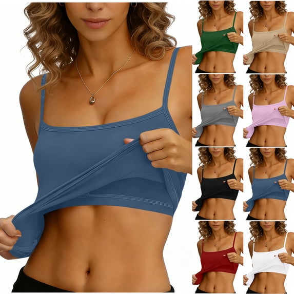 TAGOLD Womens Round-Neck Camisoles Solid Color Cami Top With Built In Padded Bra Support