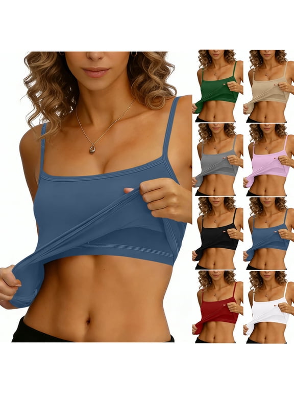 Womens Round-Neck Camisoles Solid Color Cami Top With Built In Padded Bra Support