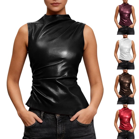 TAGOLD Womens Round-Neck Tank Top Faux Leather Stand Collar Solid Color Sleeveless Top