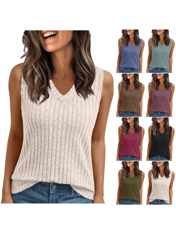 Womens Round-Neck Tank Top Solid Color Sleeveless V Neck Loose Casual Tank Top