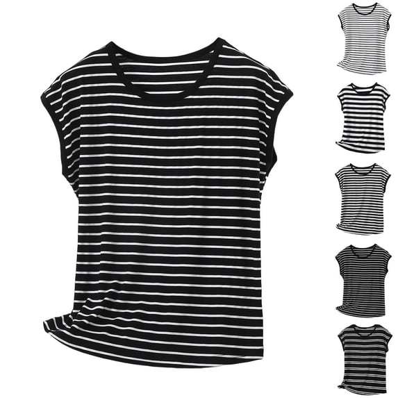 TAGOLD Womens Round-Neck Tank Top Striped Solid Color Sleeveless Casual Top
