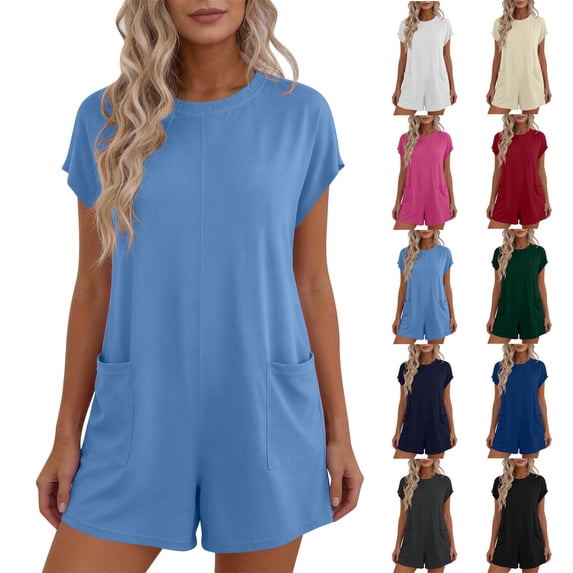 TAGOLD Womens Short Jumpsuit Solid Color Short Sleeve Pocket Shorts Overall Summer Romper