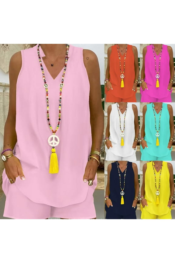 Womens Short Sleeve Round-Neck Blouses & Shirts Set Color Drawstring Elastic Waist Summer Casual Soft Shorts 2 Piece Set