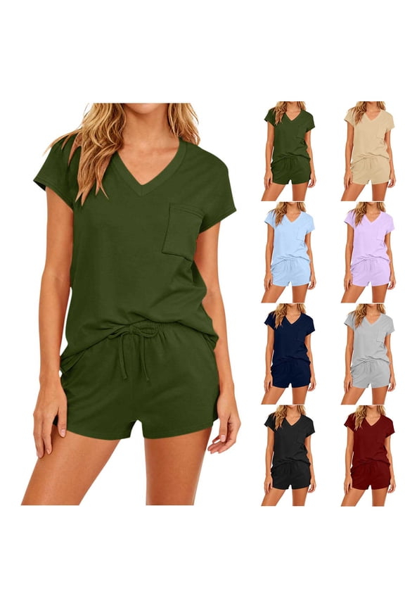 Womens Short Sleeve Round-Neck Blouses & Shirts Set Solid Color Pocket Stretch Waist Drawstring Summer 2 Piece Shorts Set