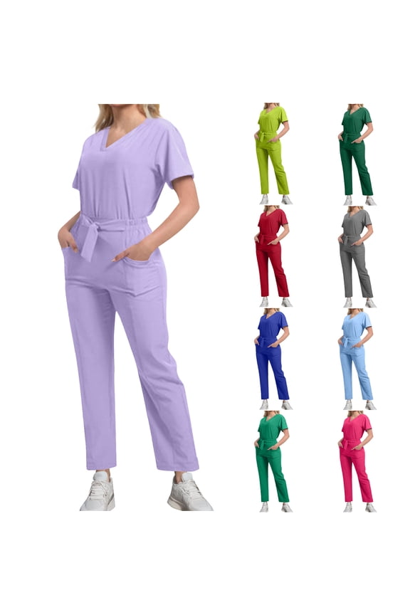 Womens Short Sleeve Round-Neck Blouses & Shirts Set Summer Elastic Thin Top With Pants Work Wear