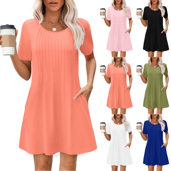 TAGOLD Womens Short Sleeve Round-Neck Dress Solid Color Summer Fashion Loose Casual Daily Outfit