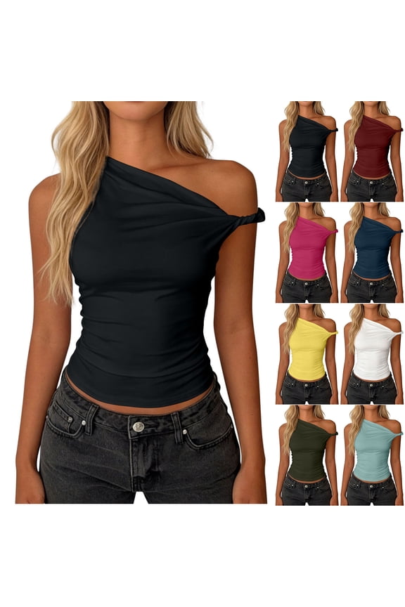 Womens Short Sleeve Skew Collar Blouses & Shirts Ruched Shoulder Sleeveless Solid Color Top
