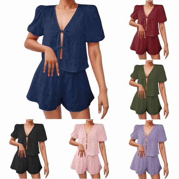 TAGOLD Womens Short Sleeve Turndown Collar Set Solid Color Drawstring Front Shirt Summer Elastic Waist Shorts Set