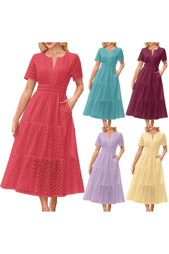 Womens Short Sleeve V-Neck Ankle Dress Solid Color Eyelet Ruffle A Line Maxi Summer Casual