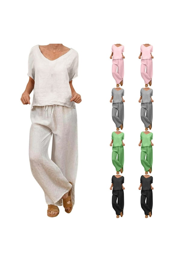 Womens Short Sleeve V Neck Blouses & Shirts Set Loose Pullover Summer Casual Elastic Waist Soft Long Pants 2 Piece Set