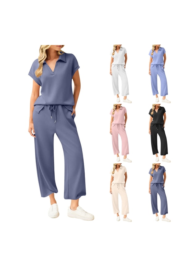 Womens Short Sleeve V-Neck Blouses & Shirts Set Loose Top With Drawstring Elastic Waist Flare Long Pants Solid Color Summer