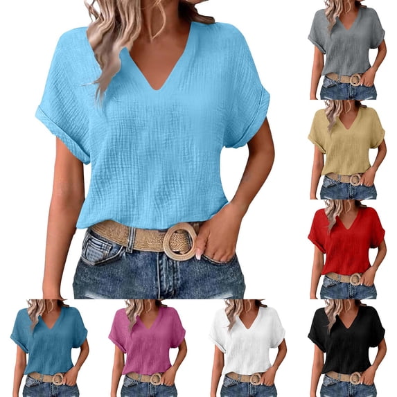 TAGOLD Womens Short Sleeve V-Neck Blouses & Shirts Solid Color V Neck Double Layer Crinkle Short Sleeve Loose Top