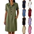 thumbnail image 1 of TAGOLD Womens Short Sleeve V-Neck Dress Button Pocket Comfortable Dress Solid Color Loose Summer Daily Wear, 1 of 5