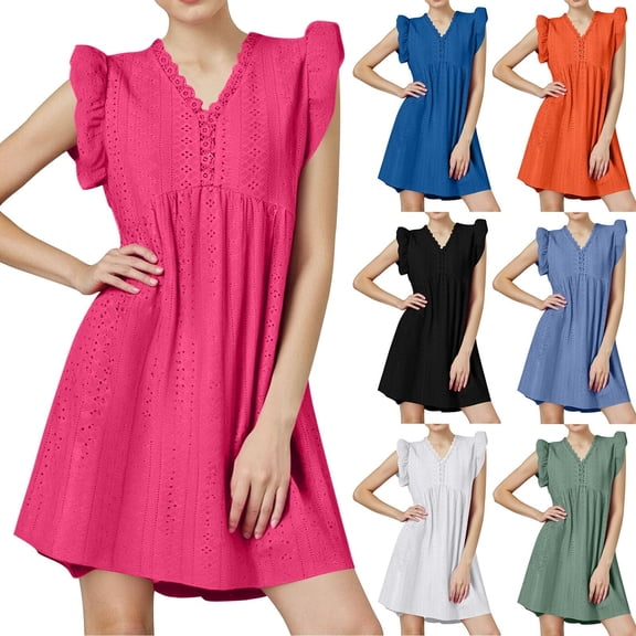 TAGOLD Womens Short Sleeve V Neck Dress Lace Hollow Out Summer Casual Cover Up Style
