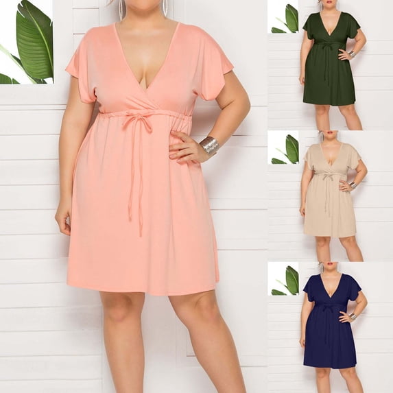 TAGOLD Womens Short Sleeve V Neck Dress Plus Size Solid Color Ruffle Summer Casual