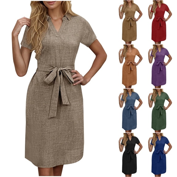 TAGOLD Womens Short Sleeve V Neck Dress Solid Color Casual Summer Bow Waist Belt